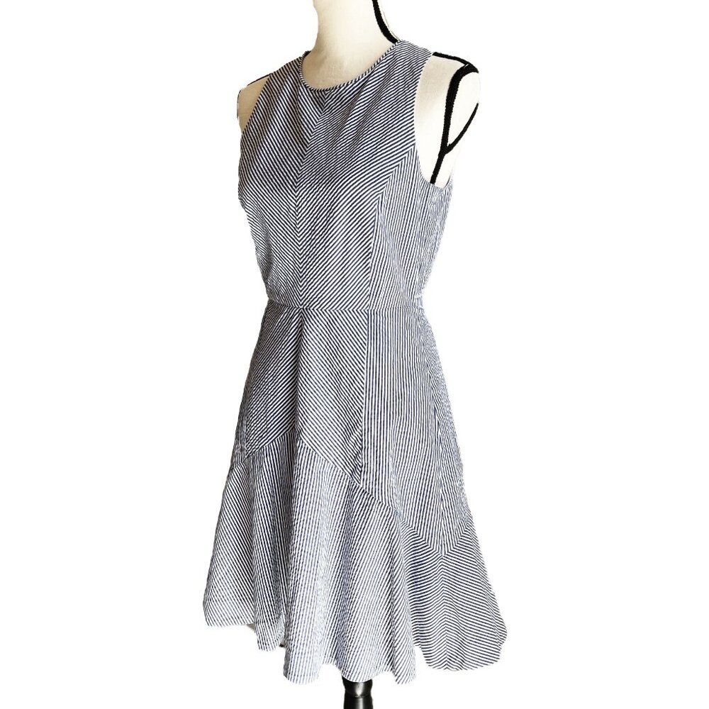 J Crew Seersucker Sleeveless Dress Navy White Pinstripe Fully Lined Size 2